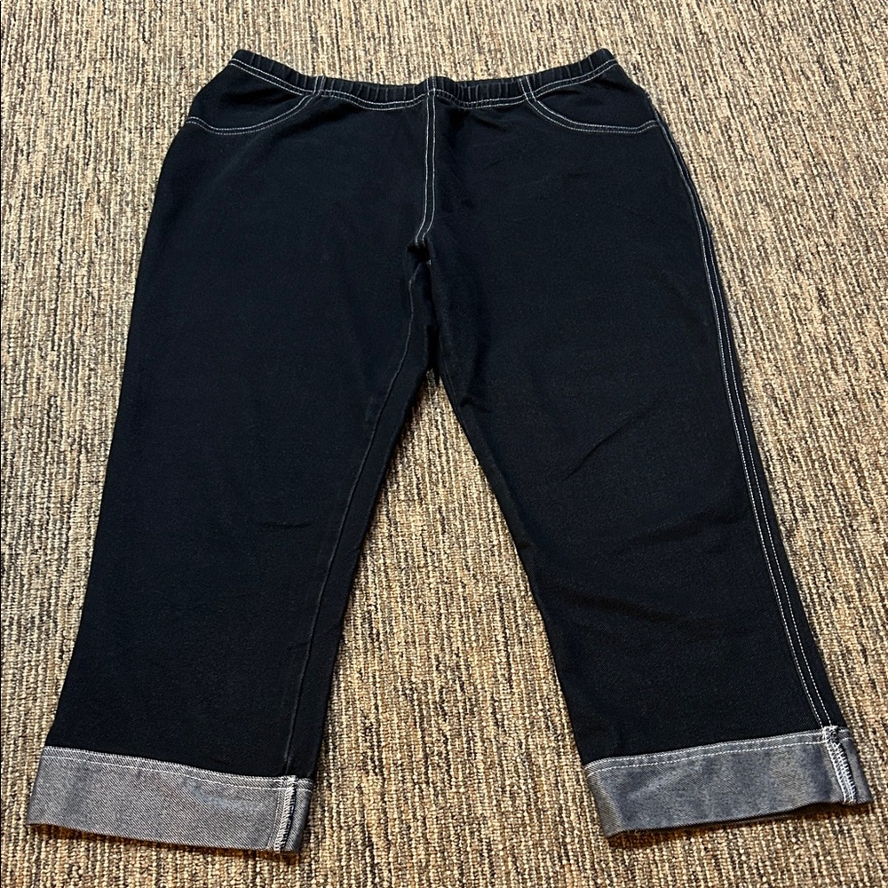 ICANTOO women's dark knit denim cuffed capri pants Stretch Jeggings Large